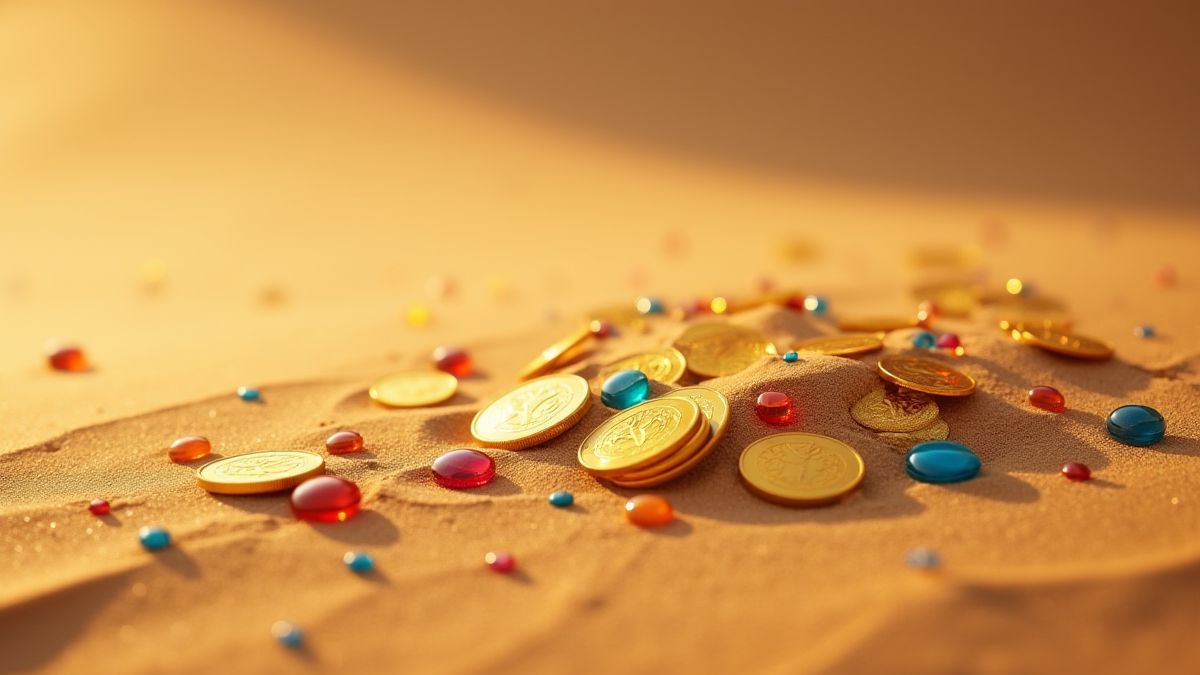 Goldene Münzen und Juwelen, die im Sand der Wüste verstreut sind.