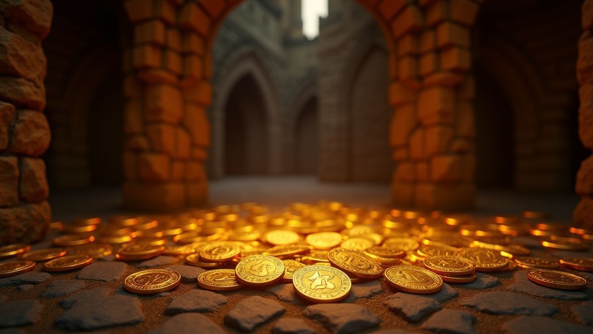 Glühende goldene Münzen, die über den Boden eines mittelalterlichen Schlosses verstreut sind.
