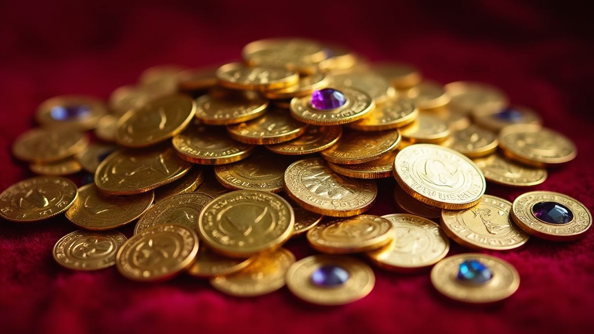 Ein Haufen Goldmünzen und Edelsteine auf einem samtigen Tisch.