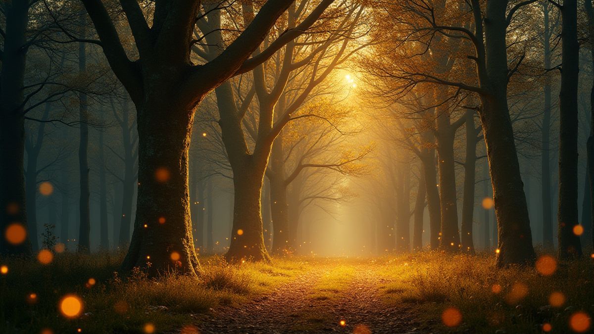 Forêt mystique avec arbres dorés et lucioles brillantes.