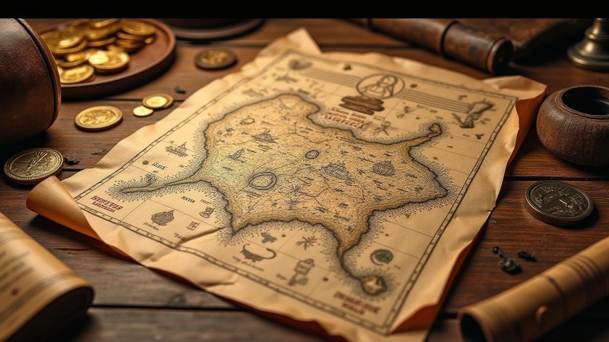 Mapa del tesoro rodeado de monedas de oro y artefactos antiguos.