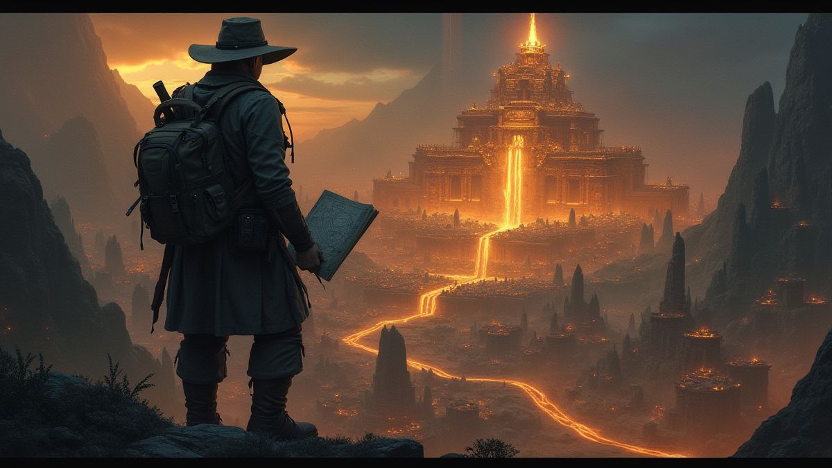 Explorador frente a una ciudad antigua brillante, sosteniendo un mapa.