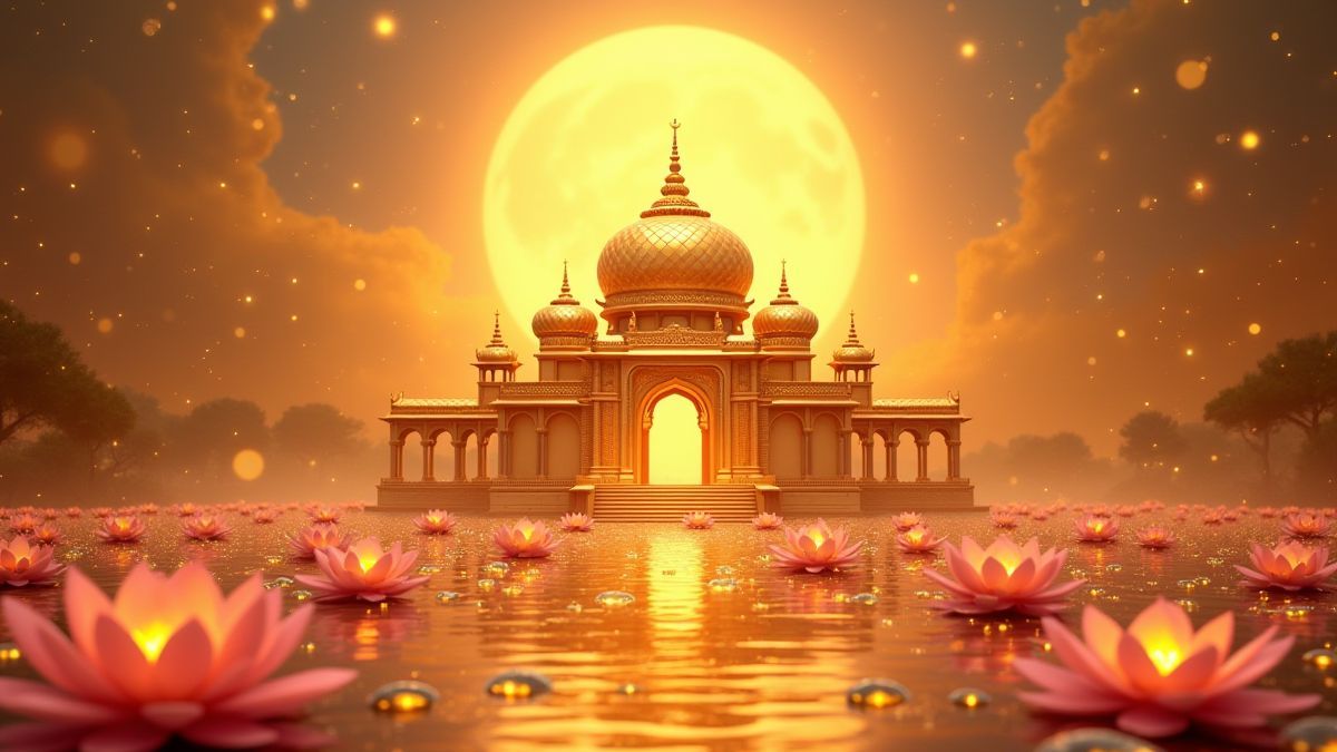A golden palace surrounded by lotus flowers and sparkling jewels.