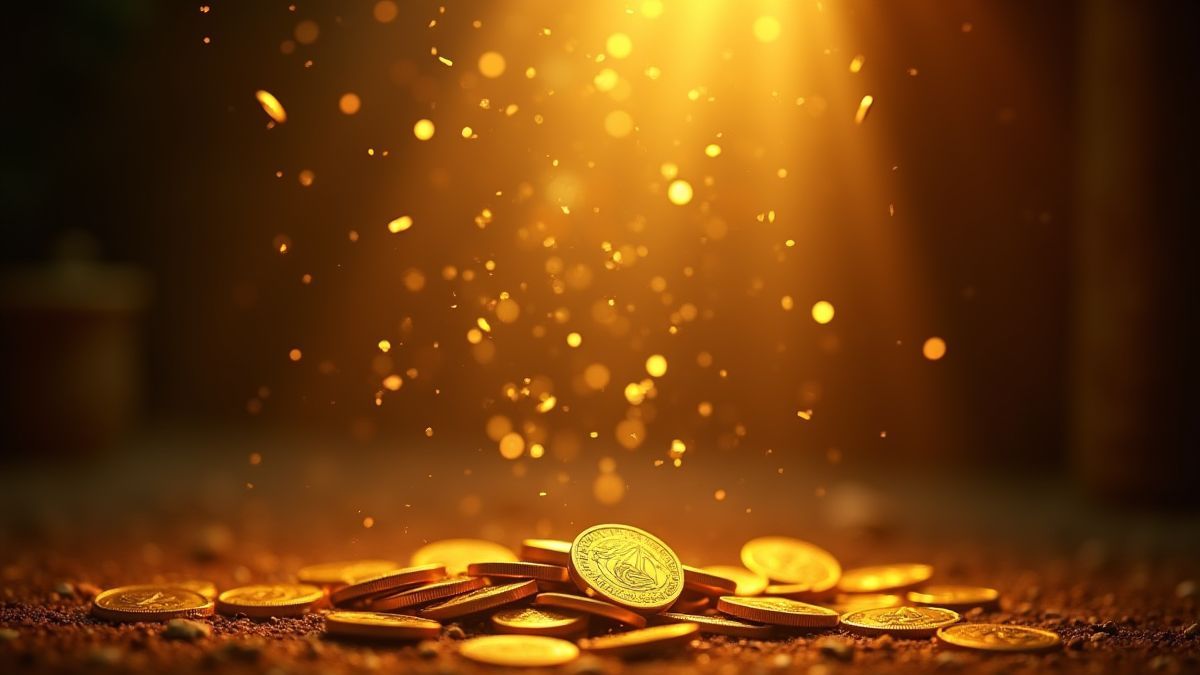 Golden coins falling in a mystical Indian environment.