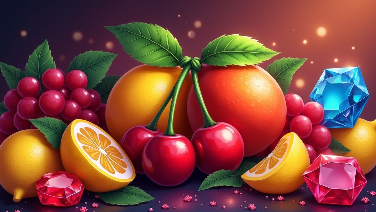 Frutas coloridas e gemas brilhantes em uma composição elegante.