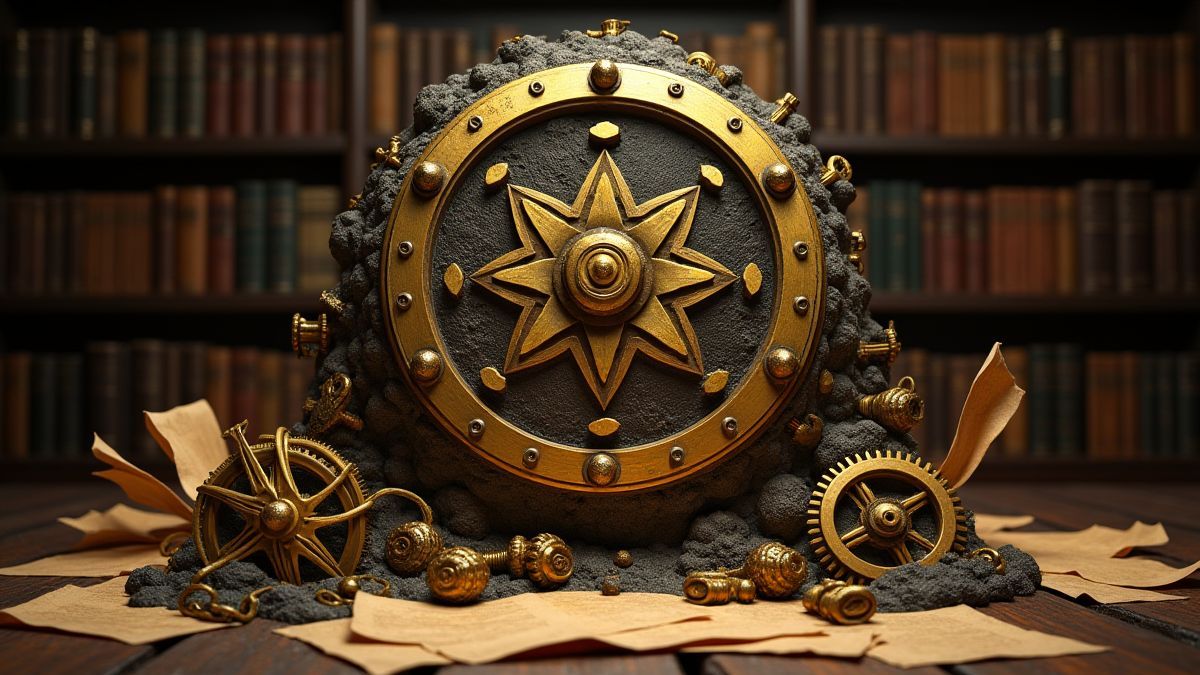A golden cryptex surrounded by gears and scrolls in an ancient library.