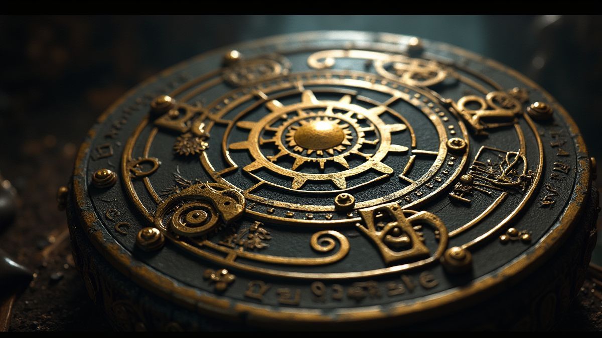 Golden symbols spinning on a steampunk cryptex in a mysterious setting.