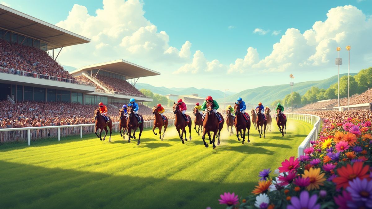 Animiertes Pferderennen mit jubelnden Menschenmengen unter einem strahlend blauen Himmel.