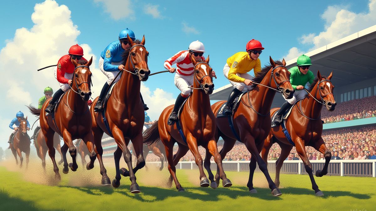 Animierte Pferde, die mit bunten Jockeys und einem lebhaften Publikum konkurrieren.