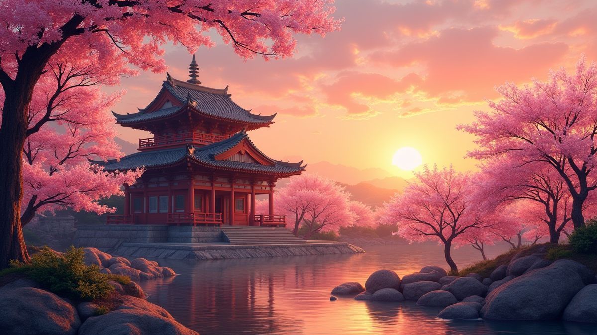 Um templo asiático rodeado de flores de cerezo ao pôr do sol.