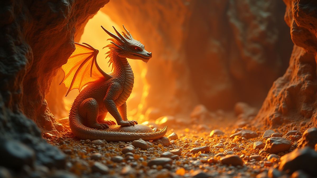 Um dragão dourado posado em uma caverna cheia de tesouros brilhantes.