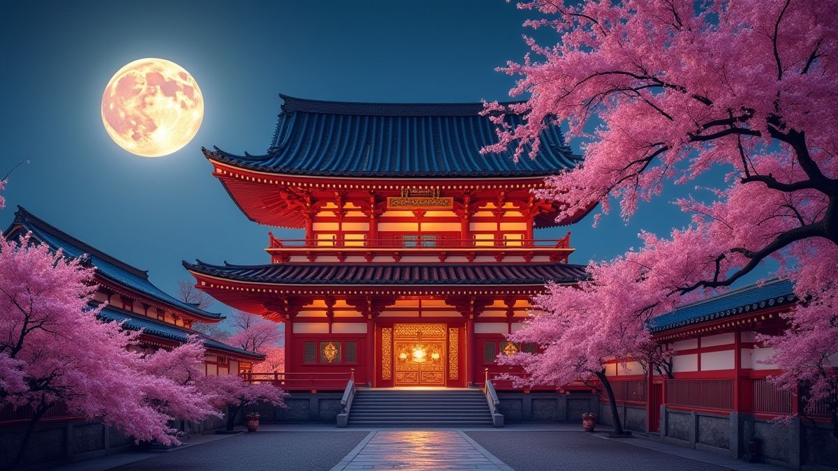 Templo asiático iluminado rodeado de cerezos em flor sob a lua cheia.
