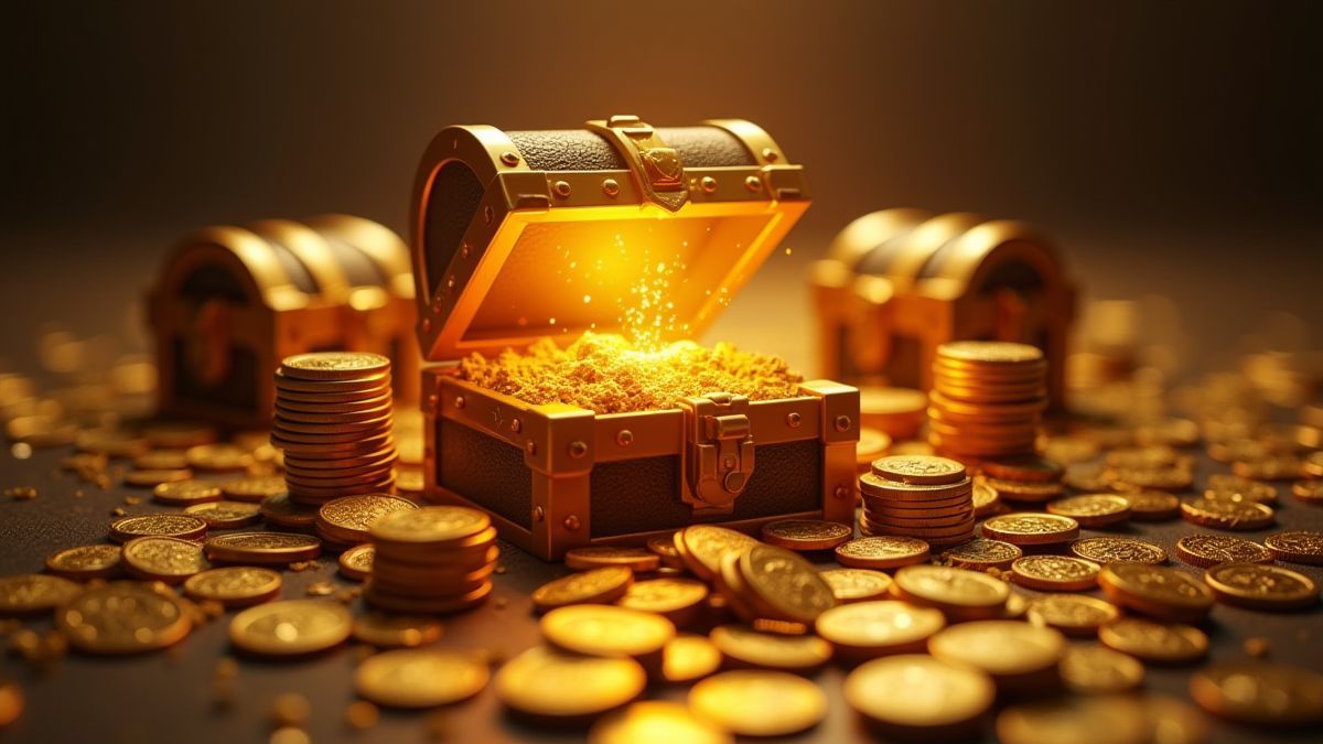 Montões de moedas de ouro e cofres do tesouro brilhando.