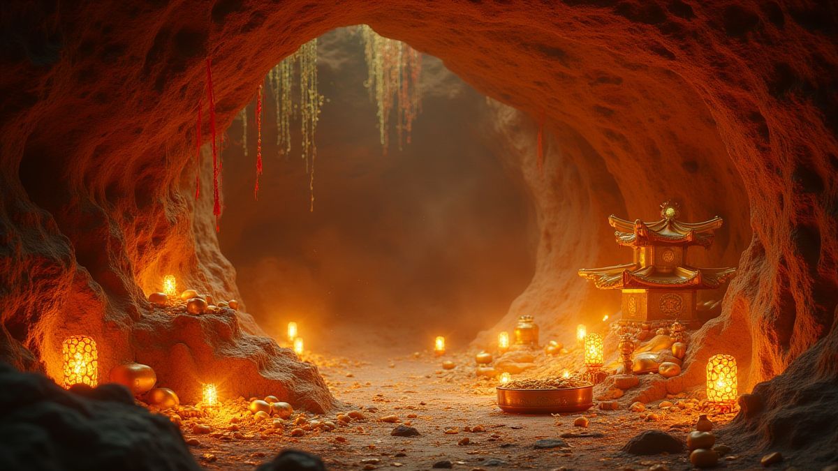A glowing cave filled with golden treasures and Asian-style decorations.