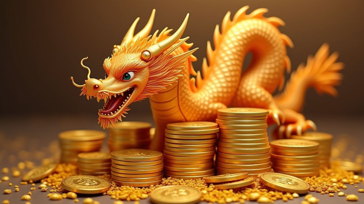 Stacks of golden coins and treasures with an Asian dragon hovering above them.