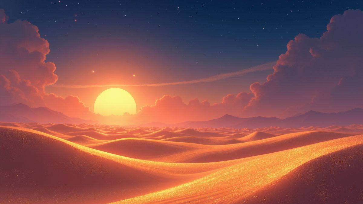 Gouden duinen onder de schemerige lucht.