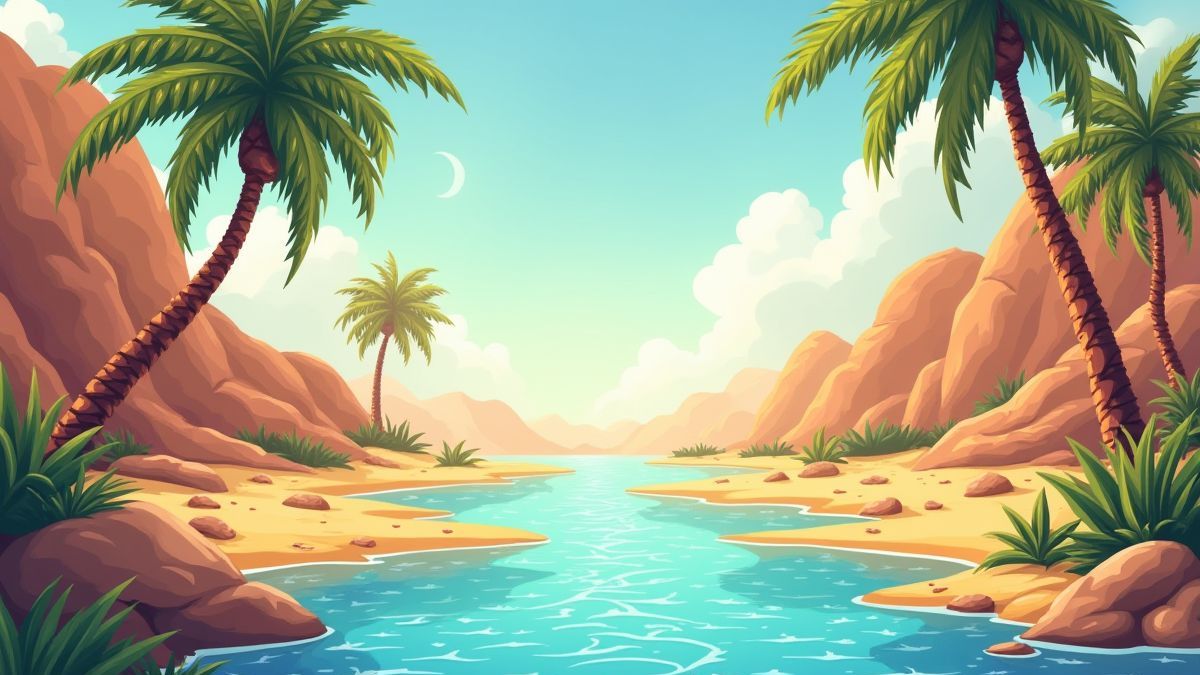 Een oase in de woestijn met kristalhelder water en palmbomen.