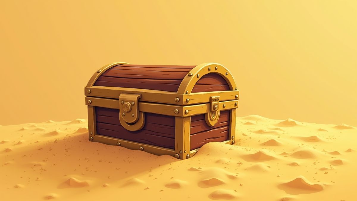 Een schatkist die gedeeltelijk begraven is in het gouden zand.
