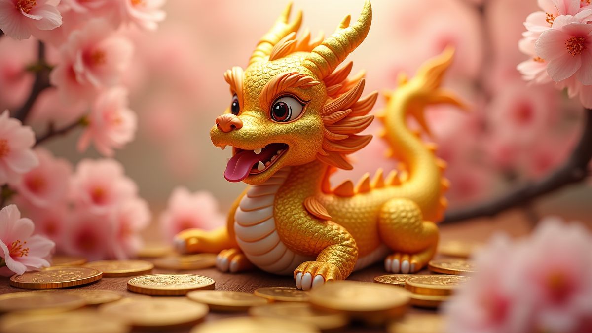 Goldener Drache zwischen Kirschblüten und Münzen