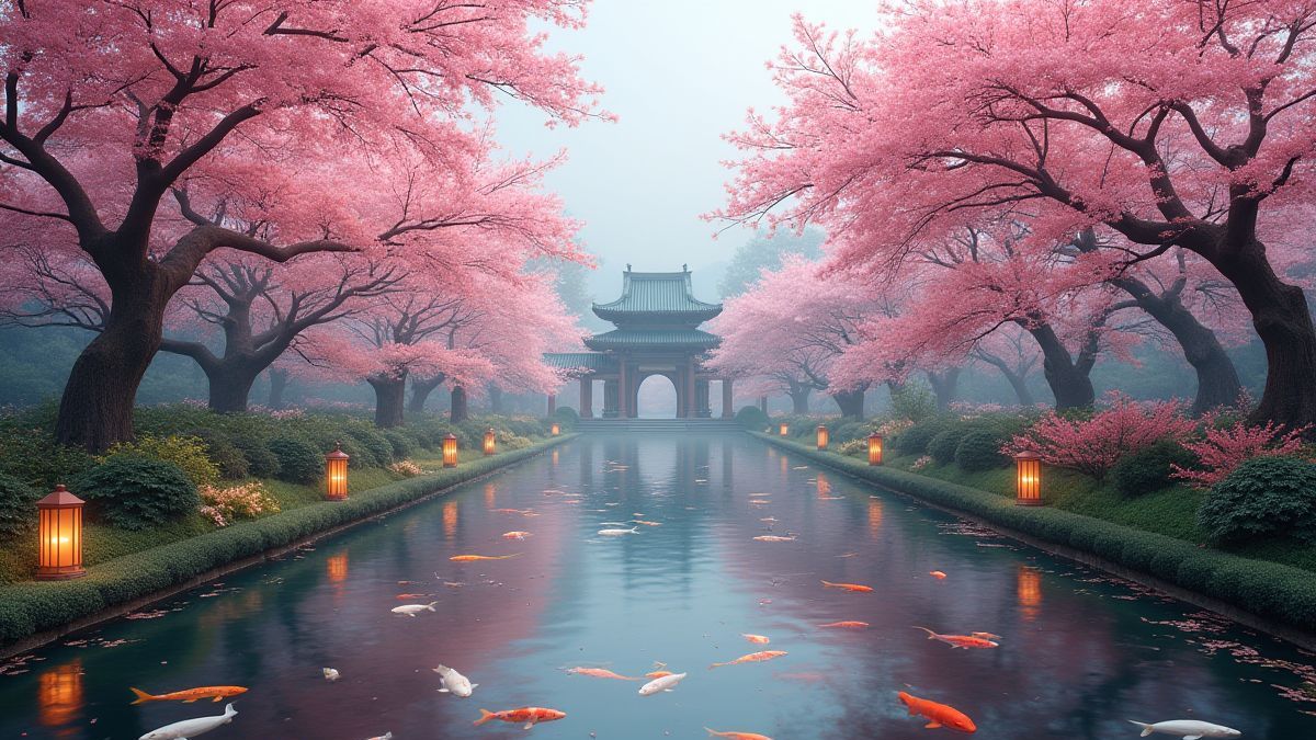 Kaiserlicher Garten mit Kirschblüten und Koi-Teichen