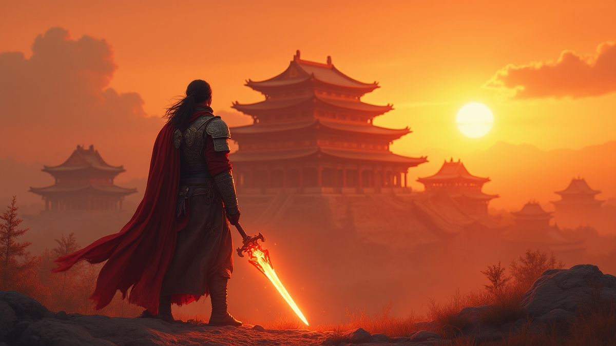 Krieger vor einem kaiserlichen Palast bei Sonnenuntergang