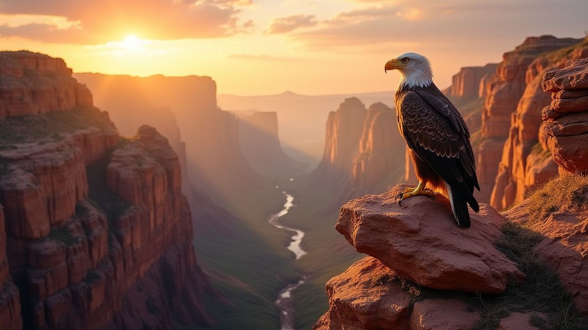 Ein Canyon mit einem goldenen Adler, der auf einem Felsen unter einem leuchtenden Himmel sitzt.