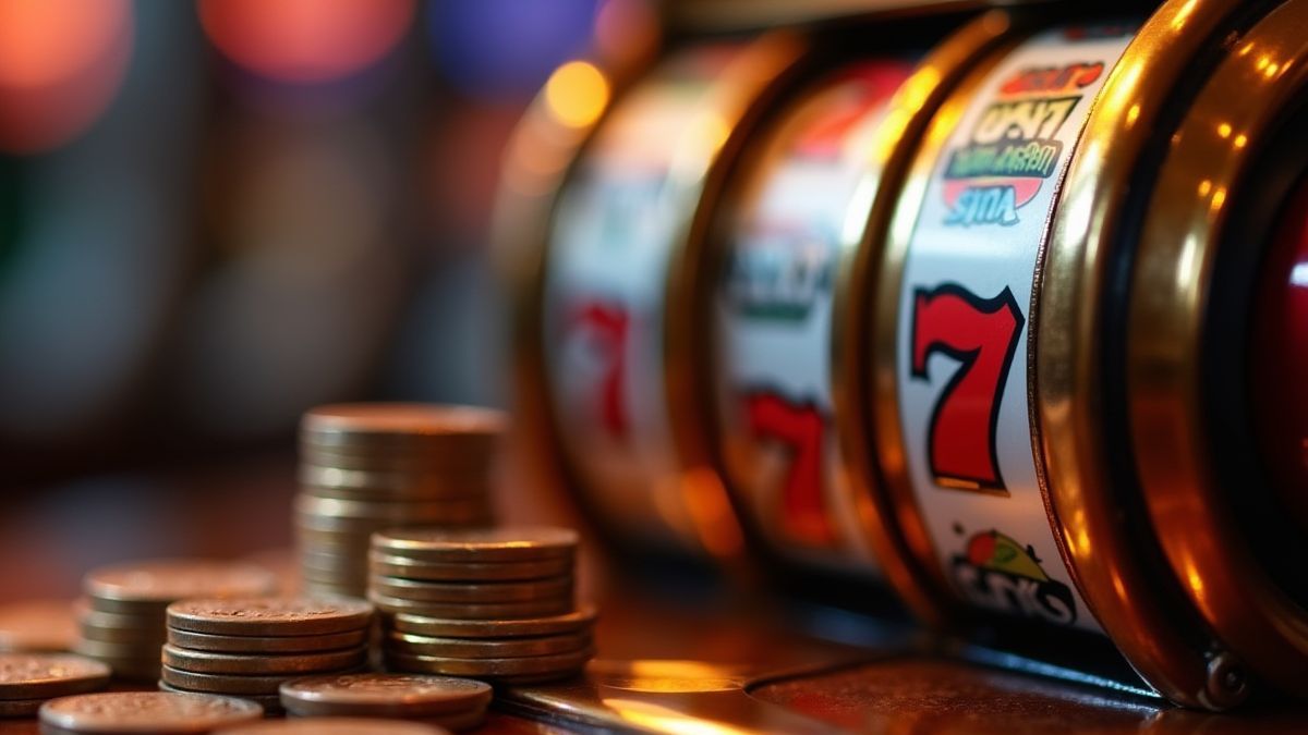 Münzen gestapelt neben einem sich drehenden Spielautomaten-Rollen.