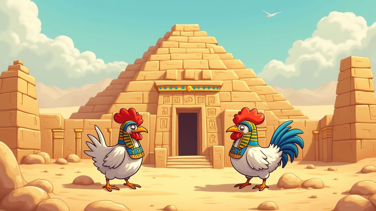 Un templo egipcio con gallinas disfrazadas de faraones.