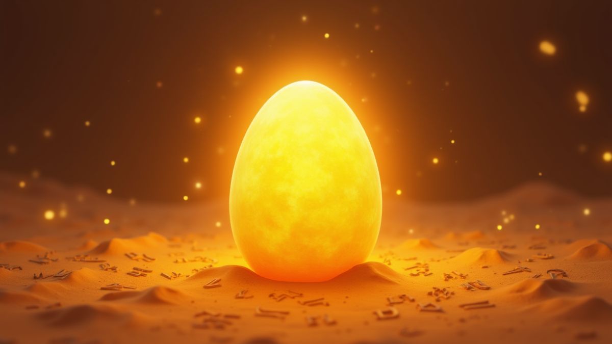 Un huevo dorado brillante en la arena del desierto.