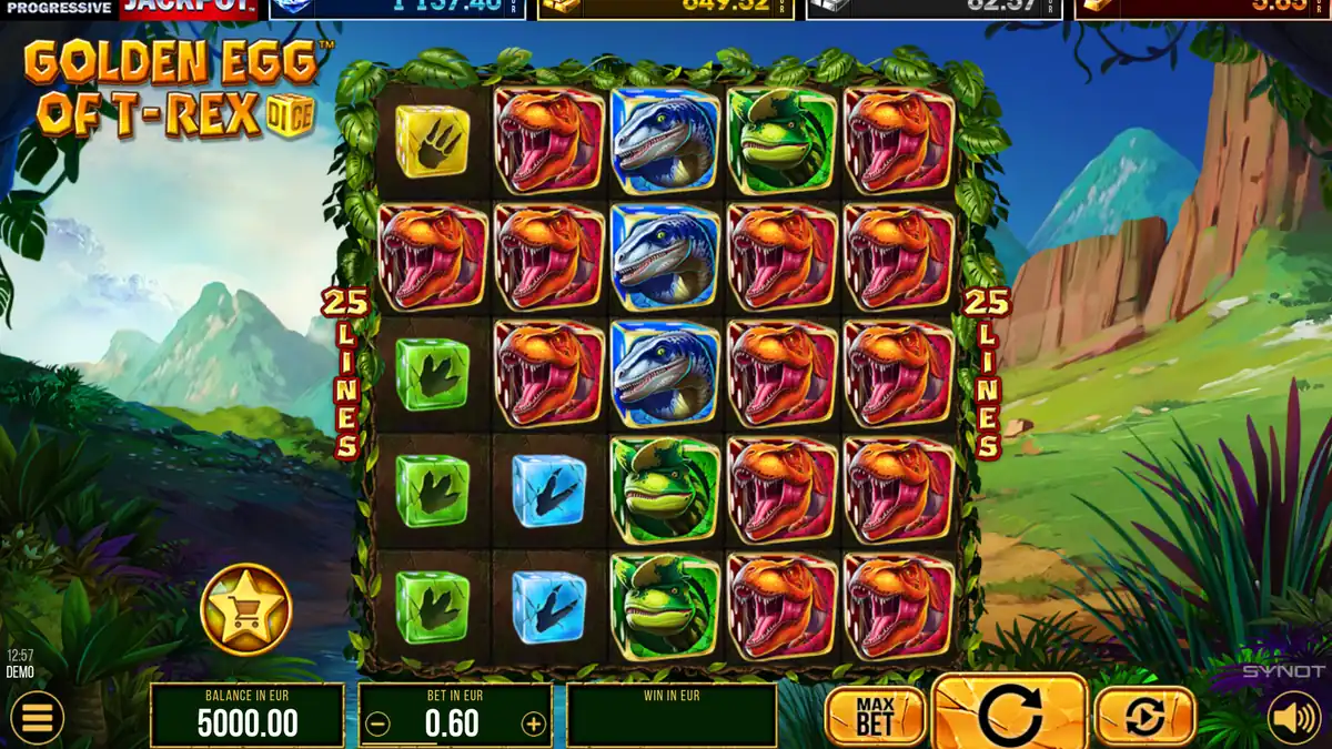 Juego base de Golden Egg of T-Rex Dice en una cuadrícula de 5x5 con 25 líneas fijas