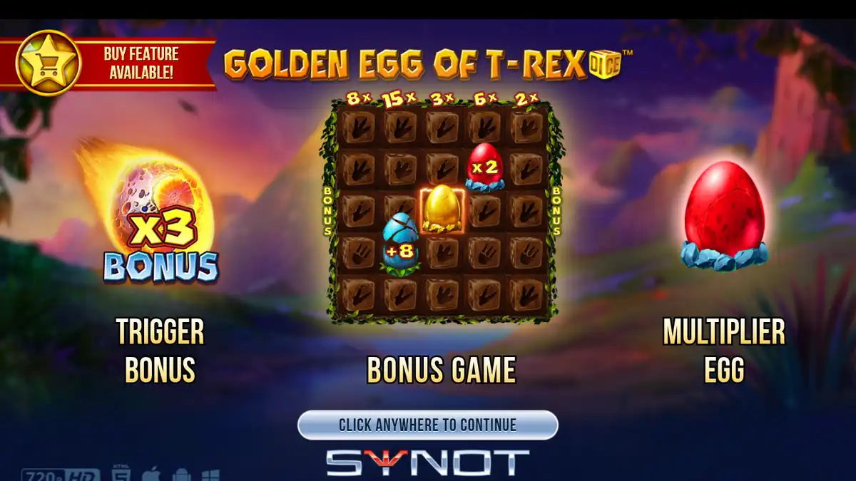 Pantalla introductoria de Golden Egg of T-Rex Dice que muestra el activador del bonus, el juego de bonificación del huevo y el huevo multiplicador