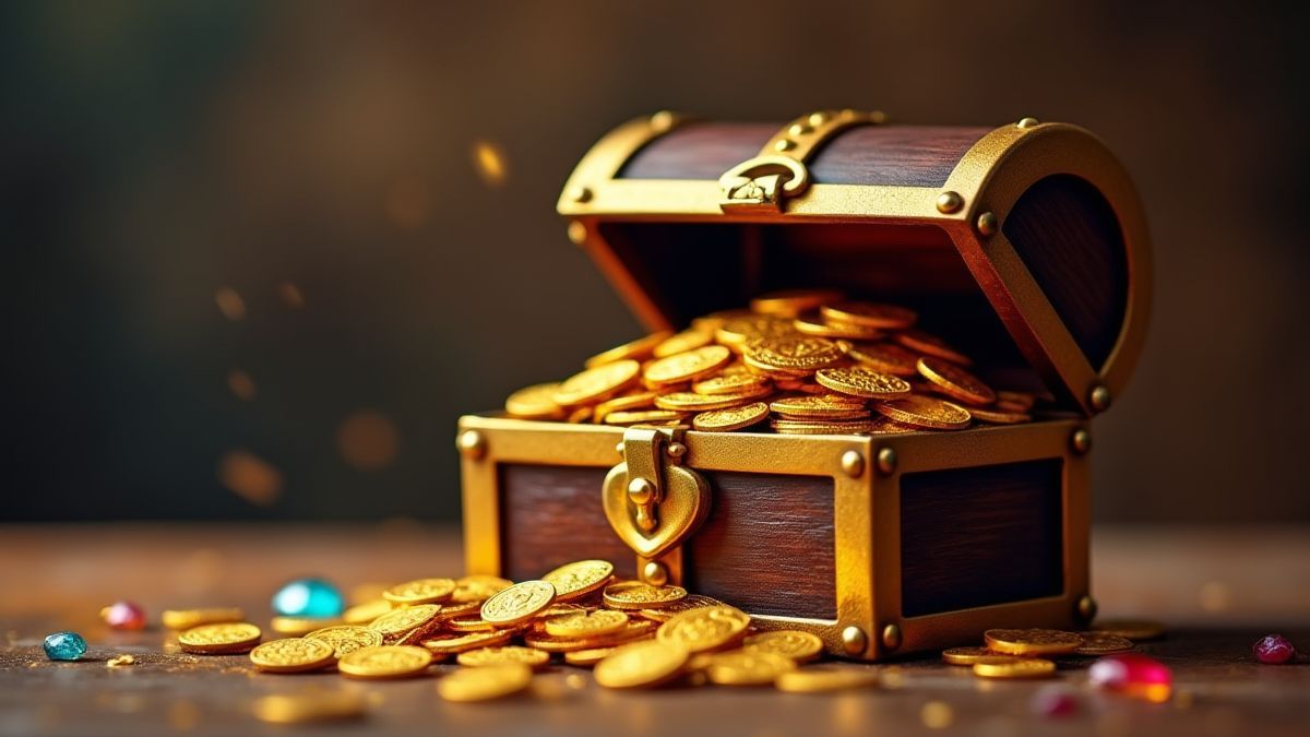 Un cofre del tesoro lleno de monedas doradas y gemas brillantes.