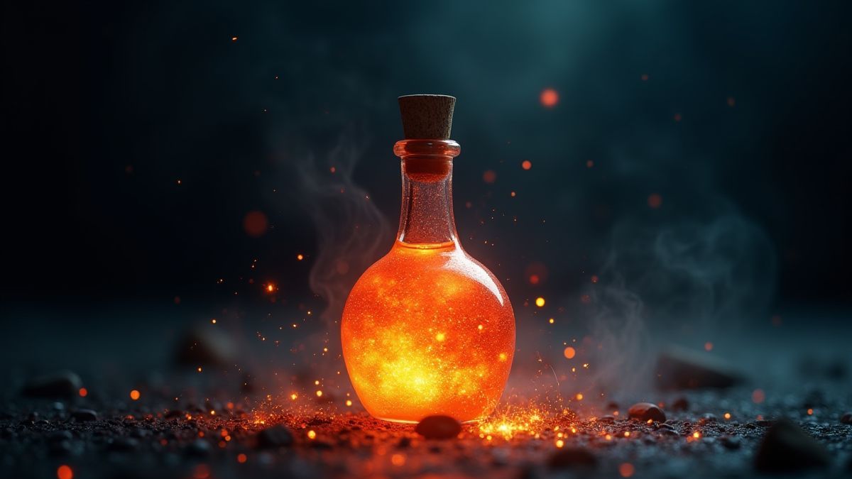A glowing potion bottle in a mystical setting.