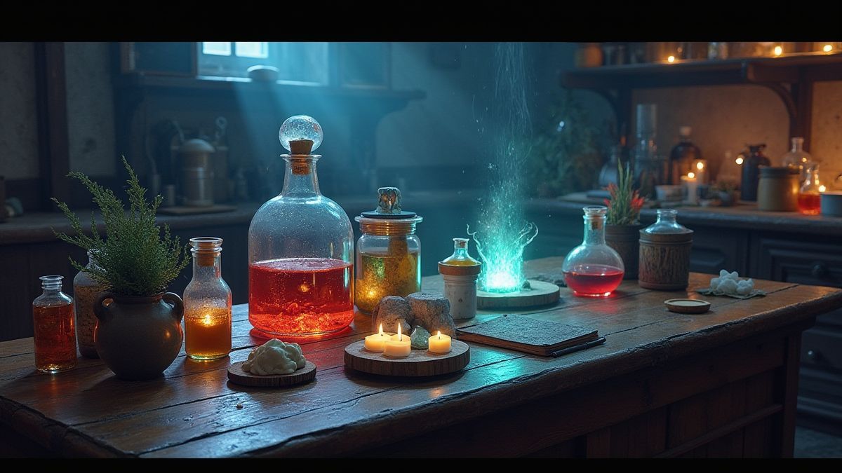 A mystical lab table with magical tools and glowing ingredients.