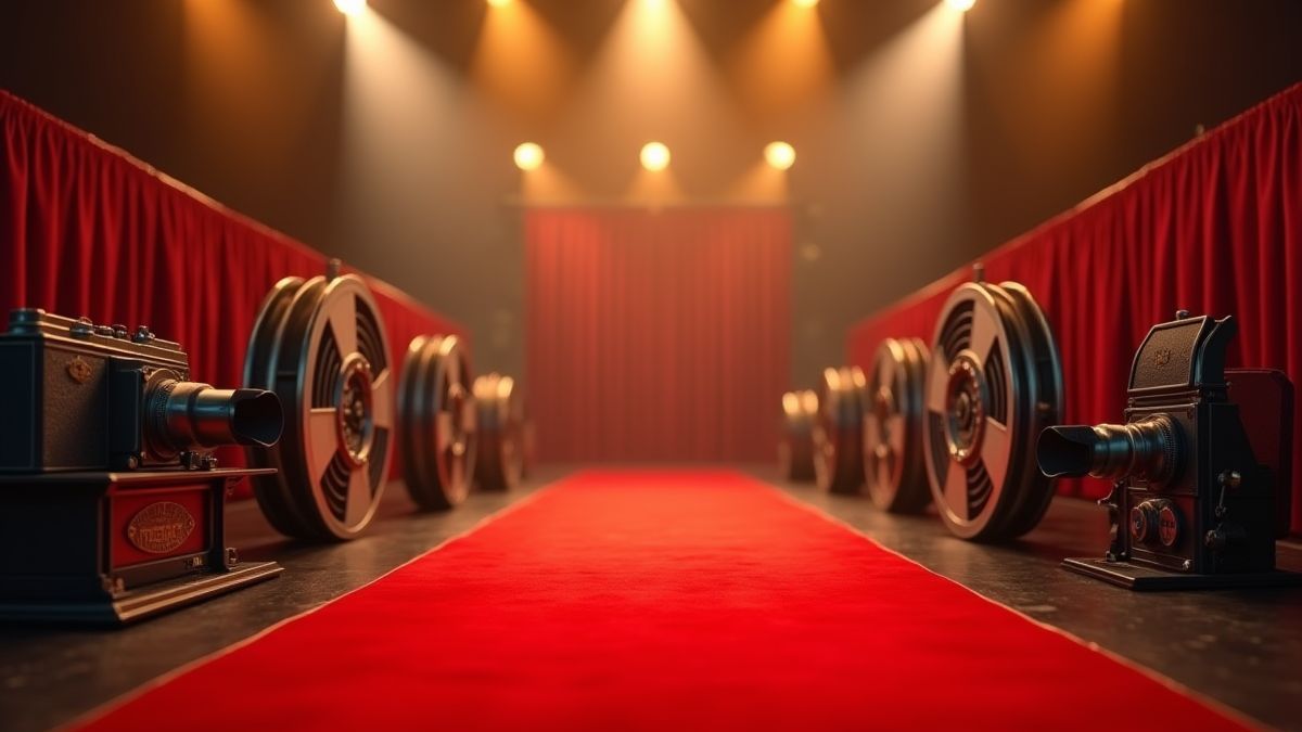 Carretes de película y cámaras vintage sobre una alfombra roja.