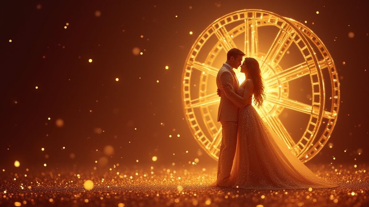 Dos estrellas de cine doradas abrazándose frente a un carrete de película brillante.