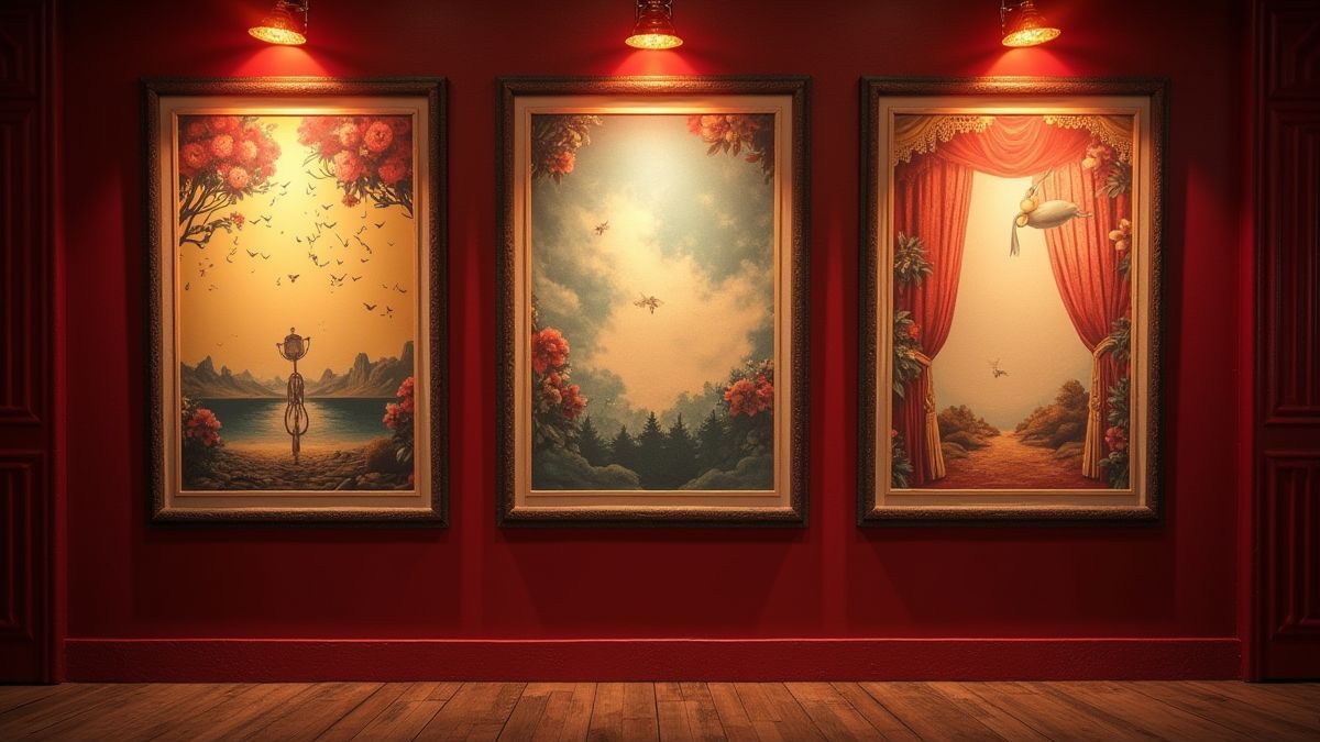 Pósters de películas vintage bajo luces de teatro brillantes.
