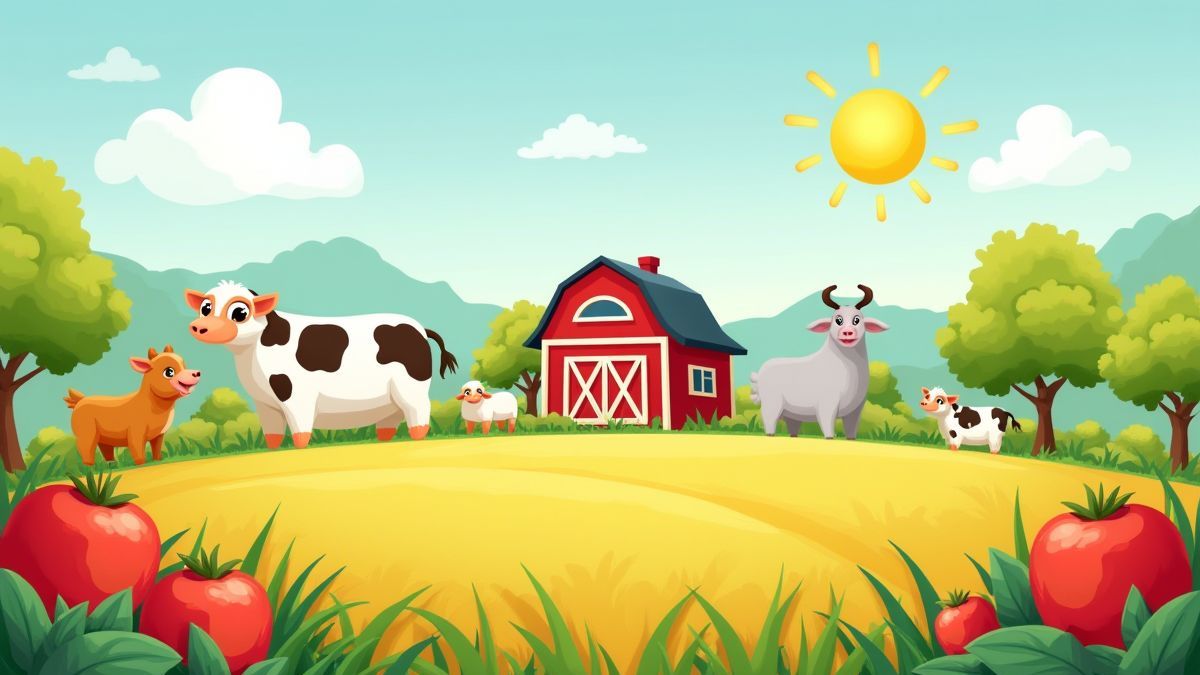 Une illustration de une ferme ensoleillée avec des animaux et des fruits.
