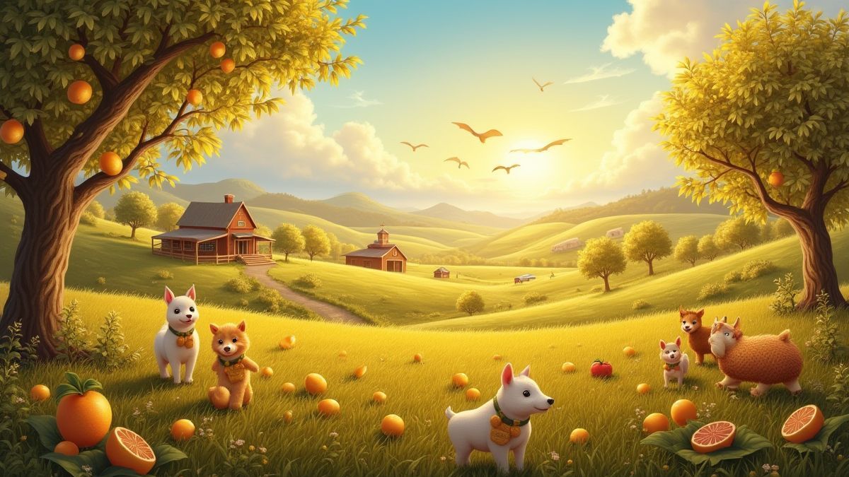 Un paysage de ferme paisible avec des fruits dorés et des animaux.