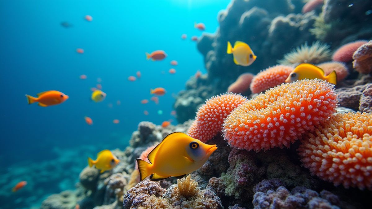 A colorful coral reef with exotic fish.