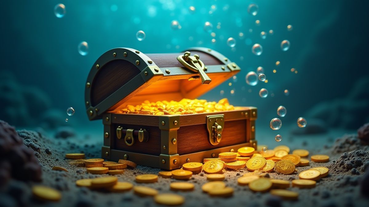 A treasure chest surrounded by bubbles and gold coins.