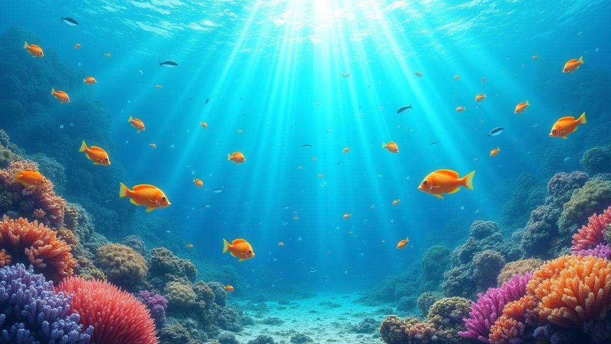 Scène sous-marine avec poissons et coraux vibrants.