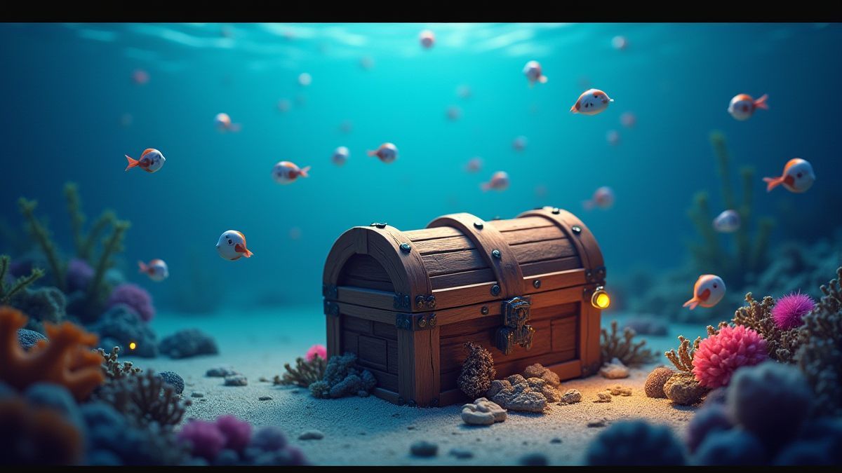 Coffre au trésor au fond de l'océan entouré de poissons et d'objets brillants.
