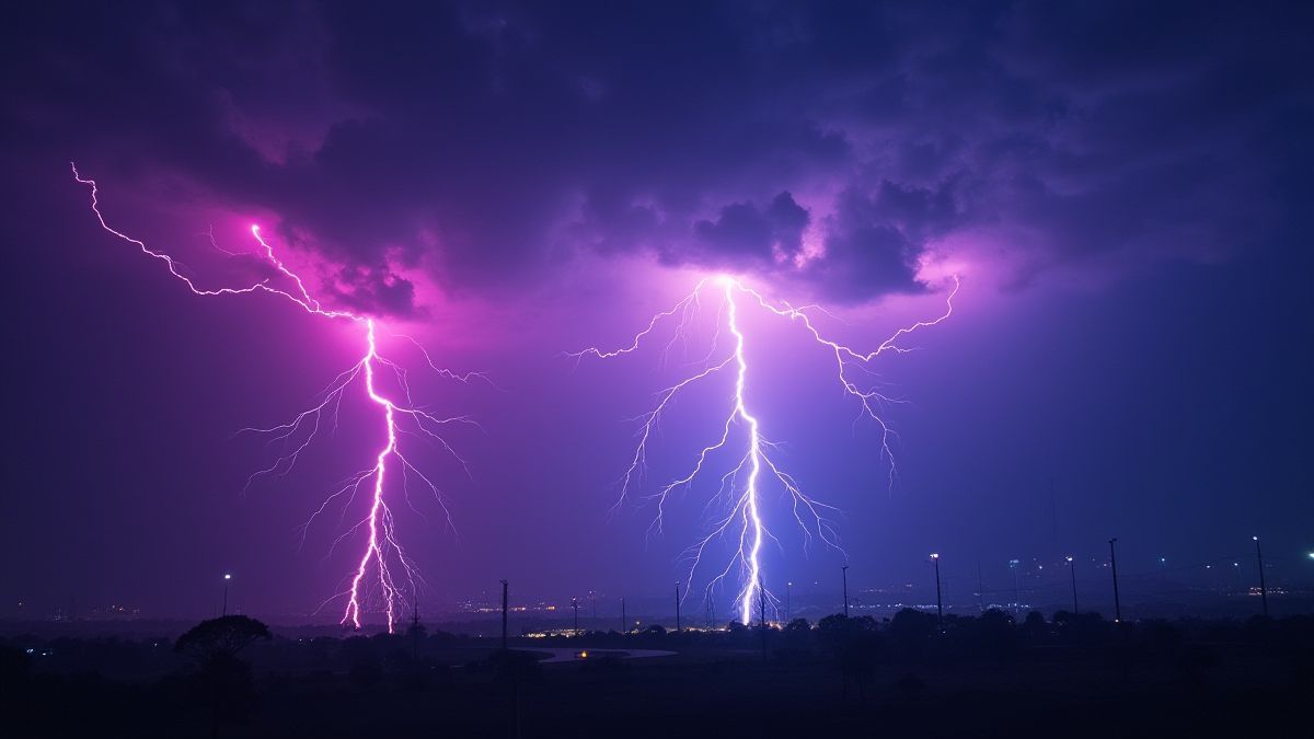 Neon lights and lightning illuminating the night sky.