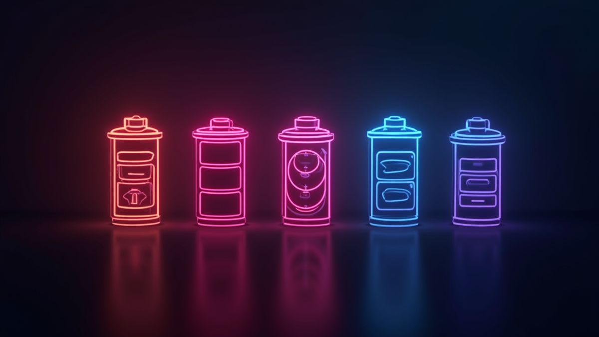 Futuristic batteries glowing in neon colors.