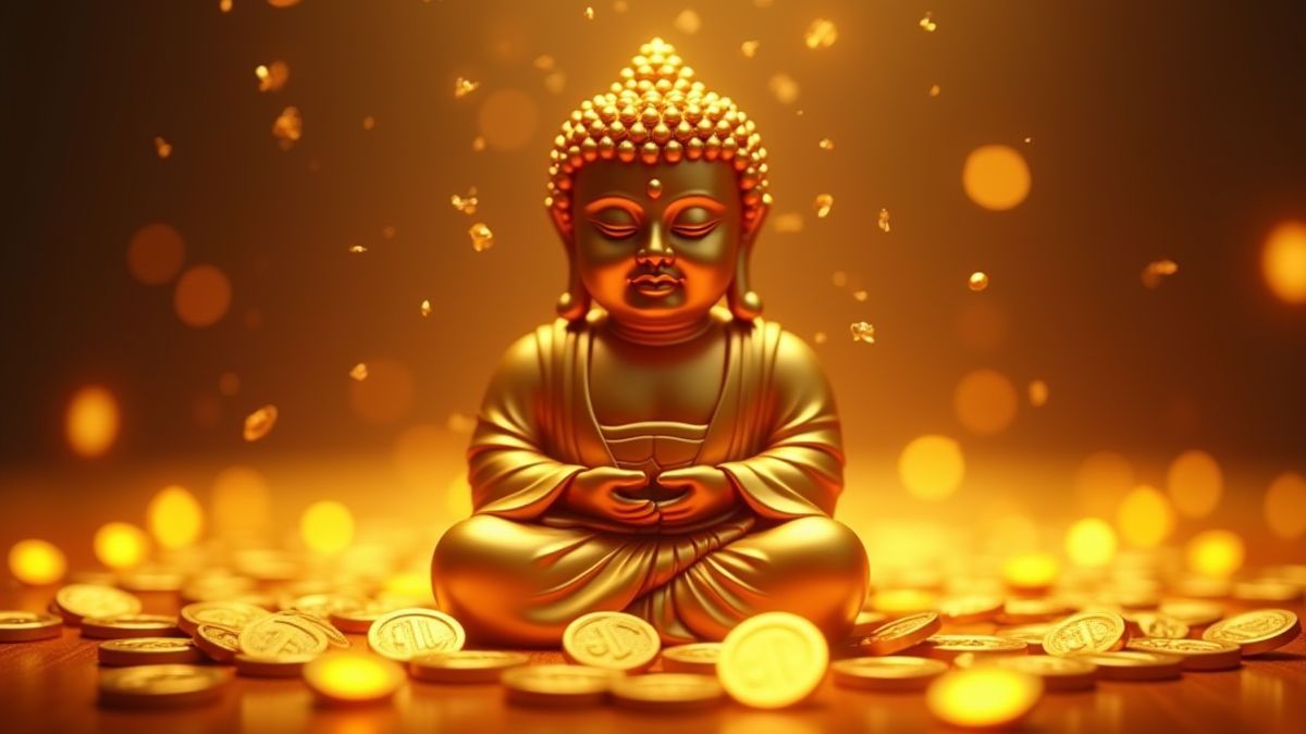 Eine goldene Buddha-Statue umgeben von leuchtenden Münzen.
