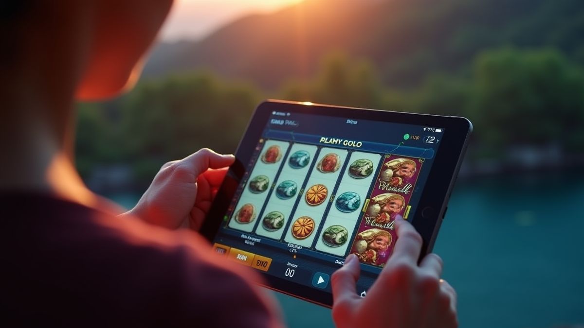 Ein entspannter Spieler, der die Walzen auf einem Tablet dreht.