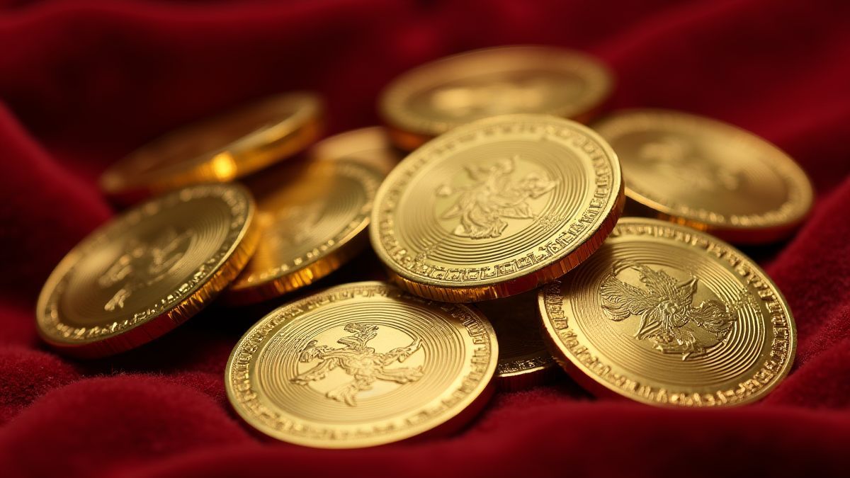 Monedas orientales doradas con diseños intrincados sobre una tela de terciopelo.