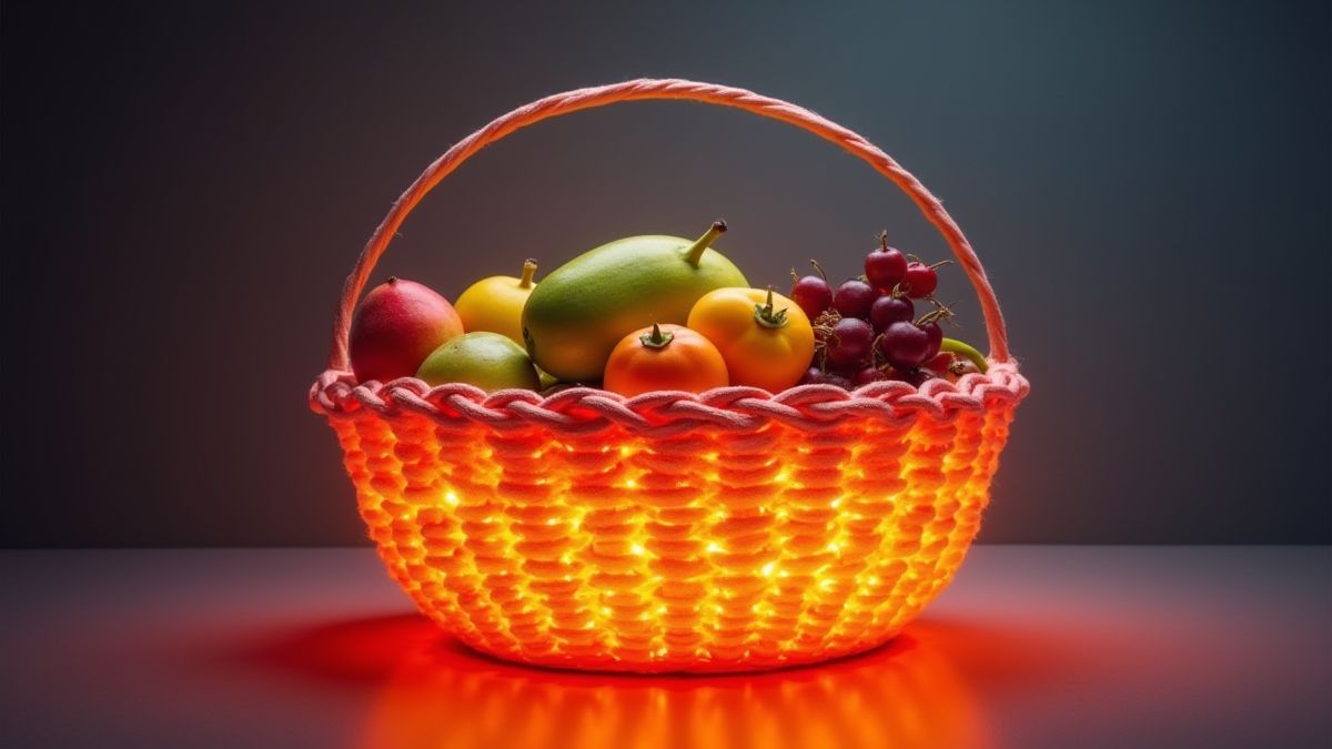Cesta llena de frutas brillantes en un ambiente retro.
