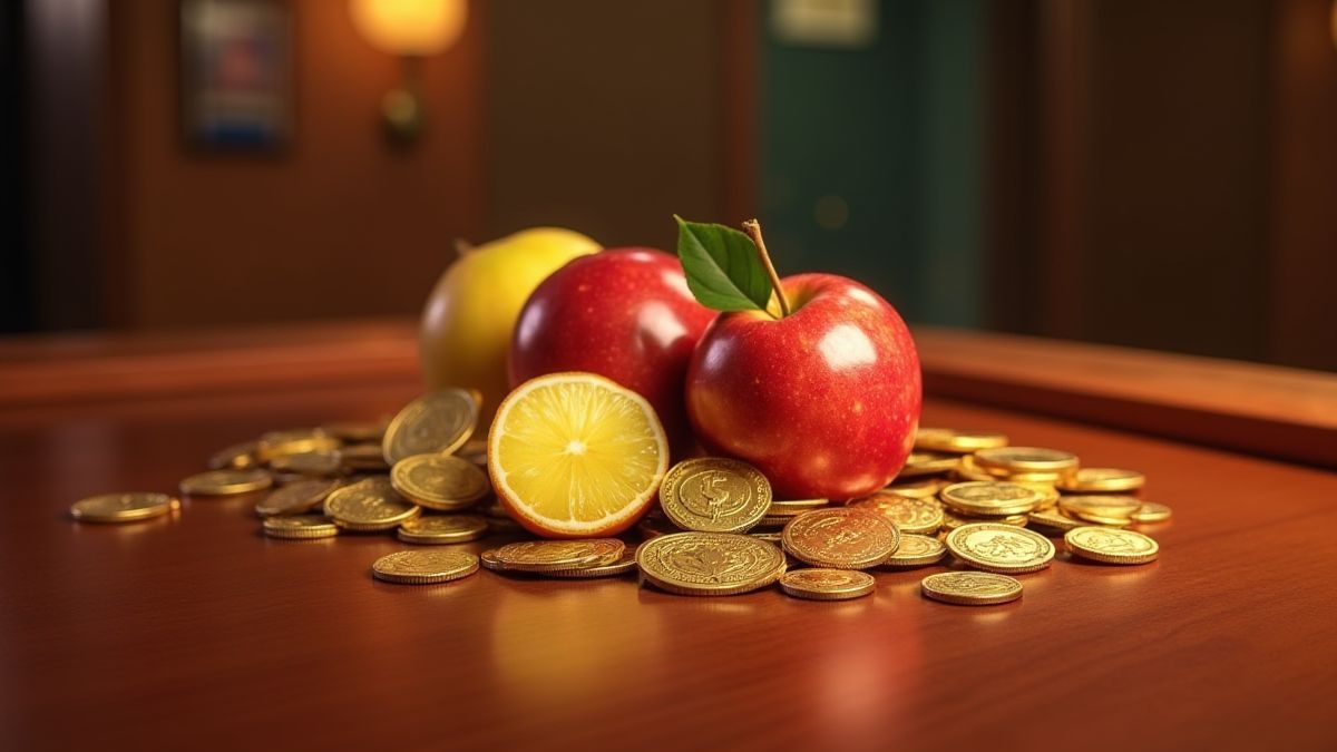 Monedas y frutas dispersas en una mesa de madera brillante.